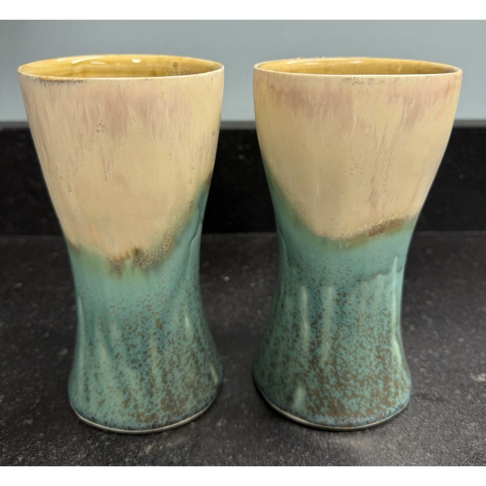 Vintage Studio Pottery Tumblers Signed Wendy Wrenn Green Drip Pair